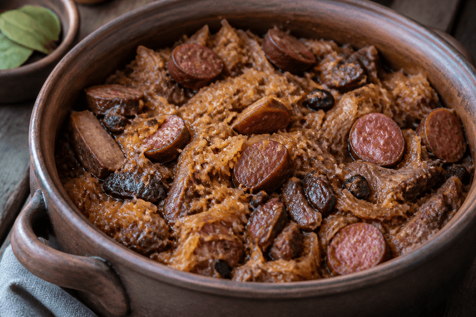 Gęsty bigos w garnku z kapustą, kiełbasą, śliwkami i grzybami