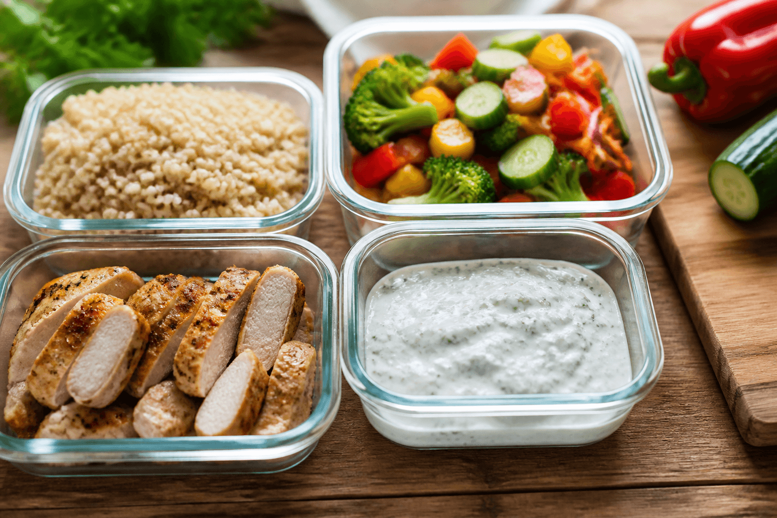 Miska high-protein z medallionami kurczaka, kaszą jaglaną, ogórkiem i sosem jogurtowym