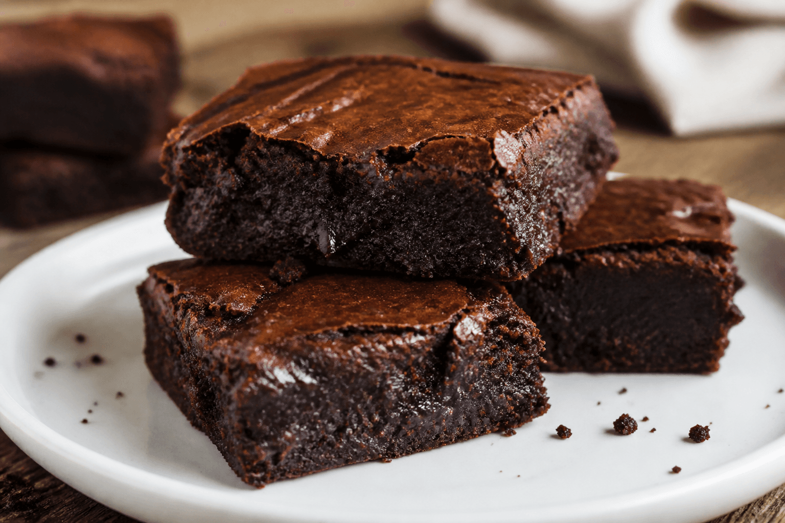 Kwadrat fudge brownie z błyszczącą skórką i wilgotnym środkiem