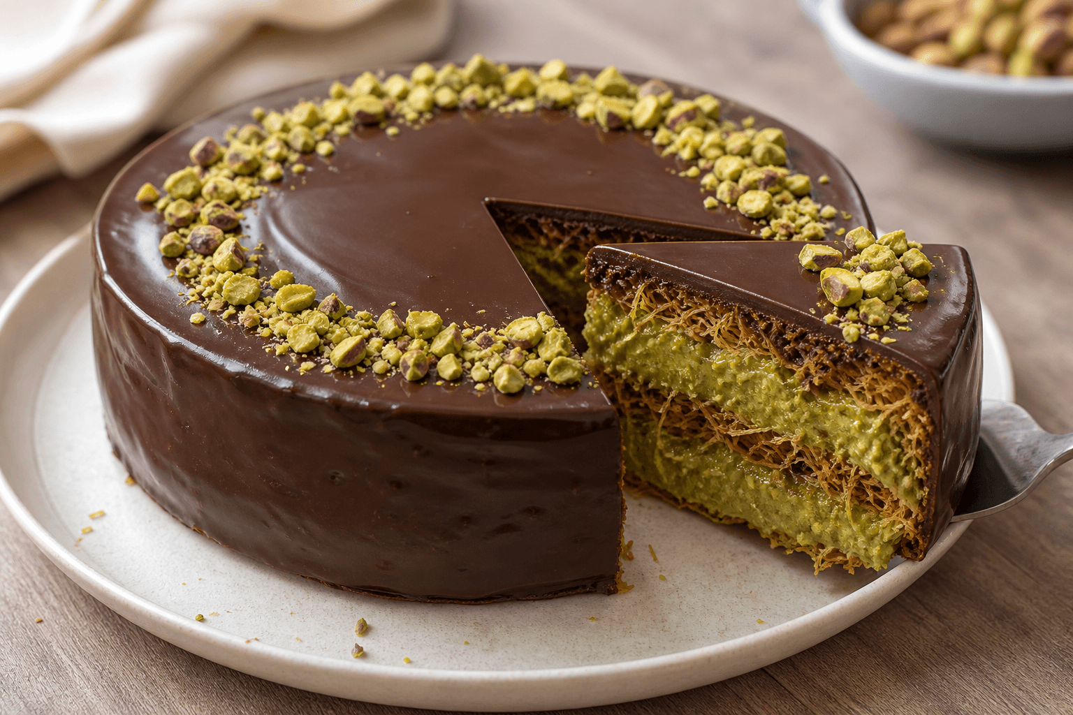 Ciasto dubajskie z warstwą kataifi, kremem pistacjowym i ganache czekoladowym