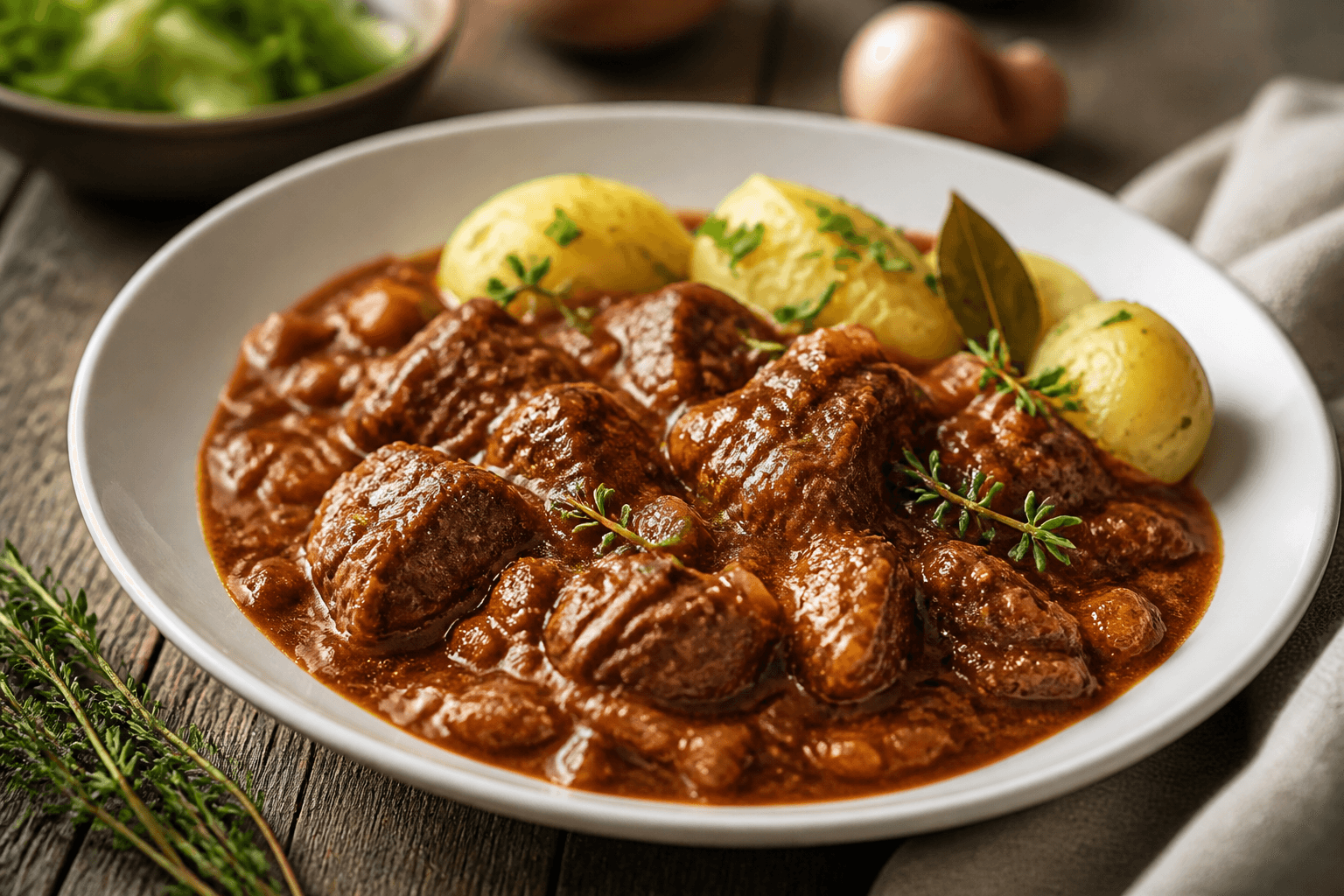 Gęsty gulasz wołowy z papryką w garnku, mięso rozpadające się pod łyżką