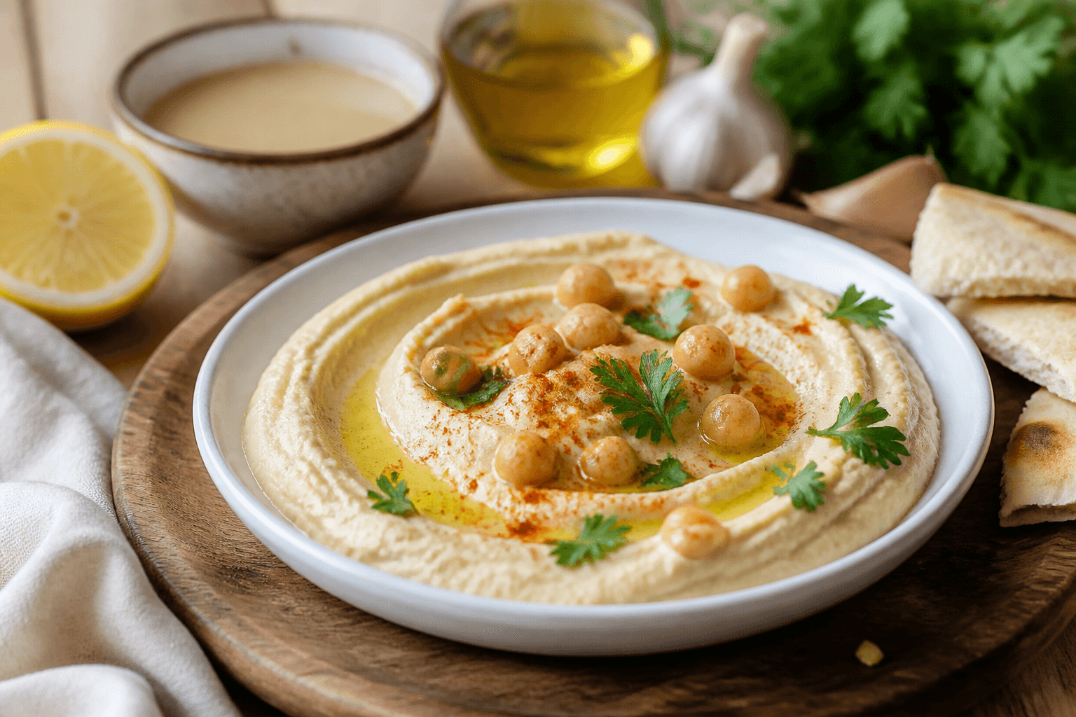 Gładki hummus z oliwą i papryką wędzoną na wierzchu, pita obok