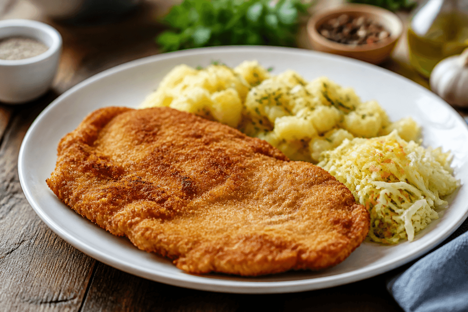 Złocisty kotlet schabowy z ziemniakami puree i ogórkiem kiszonym