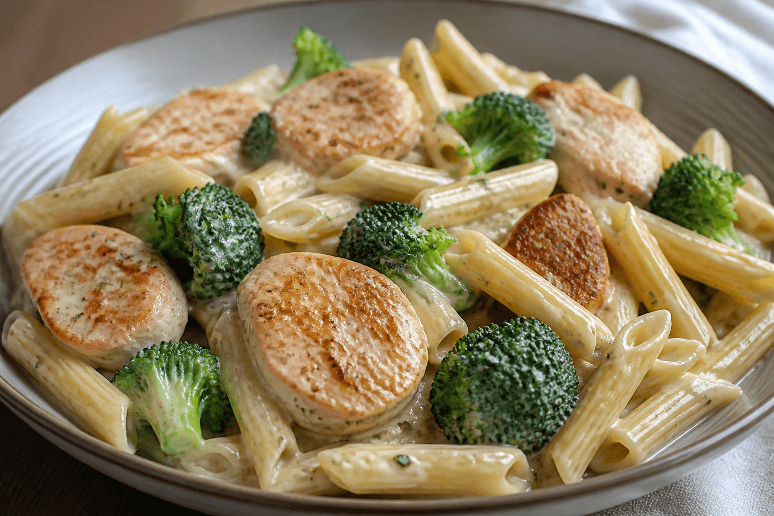 Penne z rumianymi medallionami kurczaka, zielonym brokułem i kremowym sosem