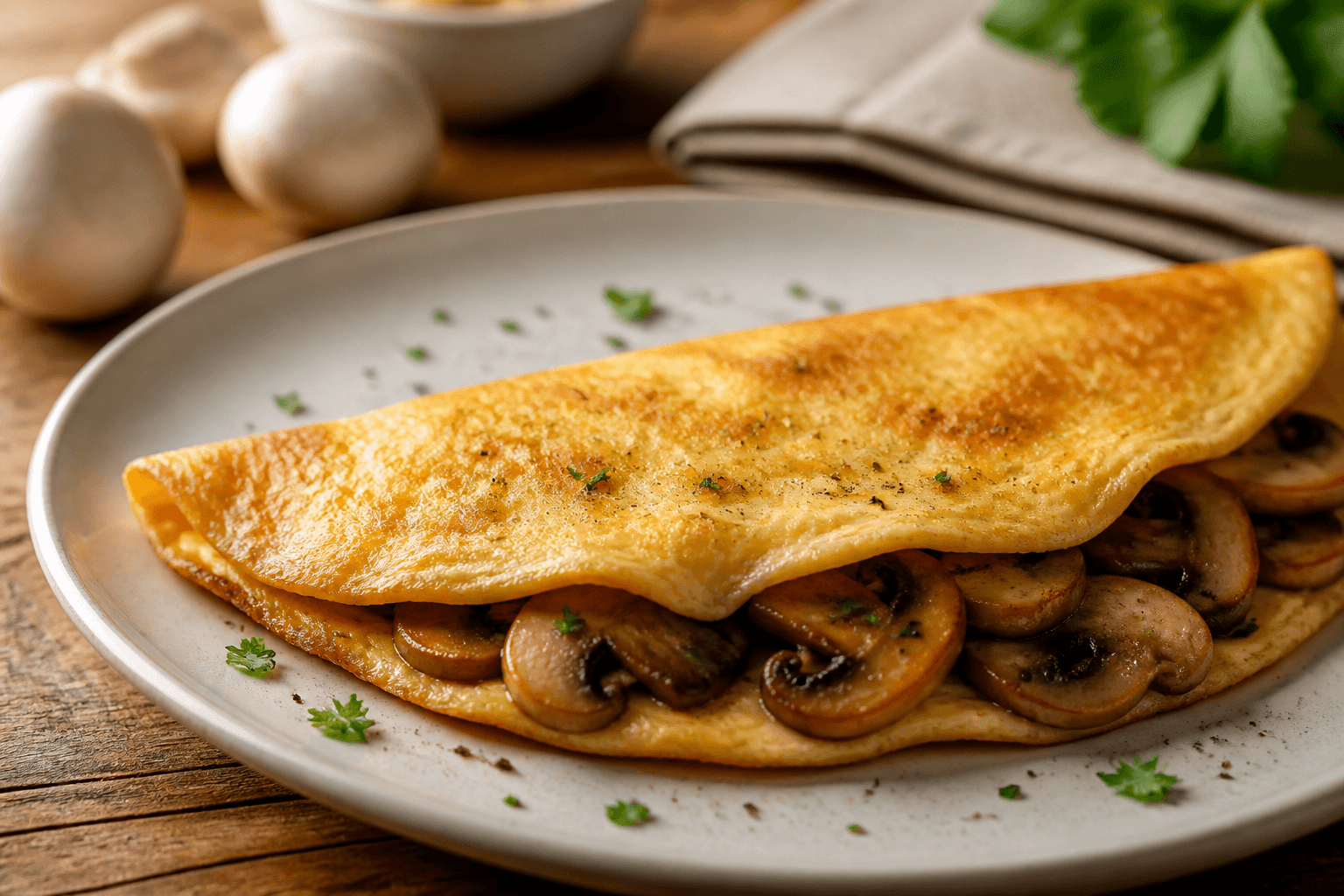 Złożony omlet z odparowanymi pieczarkami i szczypiorkiem