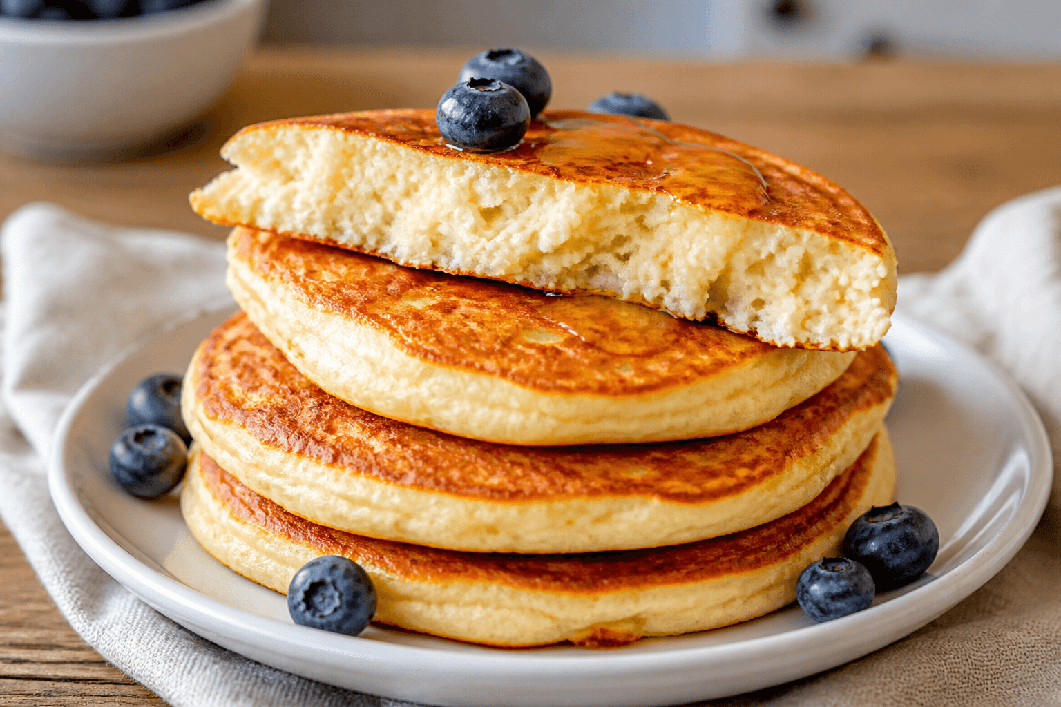 Małe pancakes proteinowe z twarogiem, jagodami i jogurtem