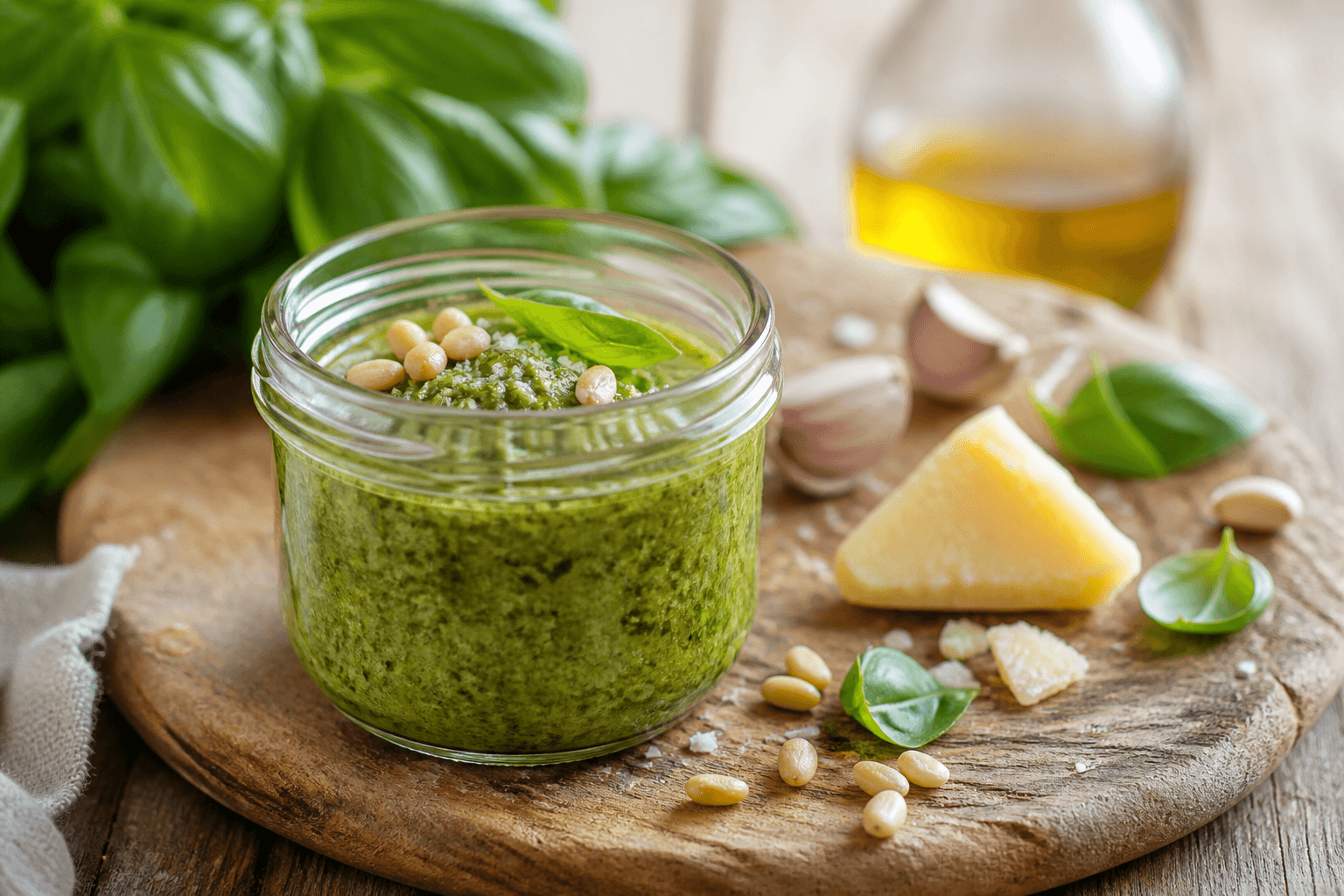 Zielone pesto bazyliowe w słoiku z oliwą na wierzchu