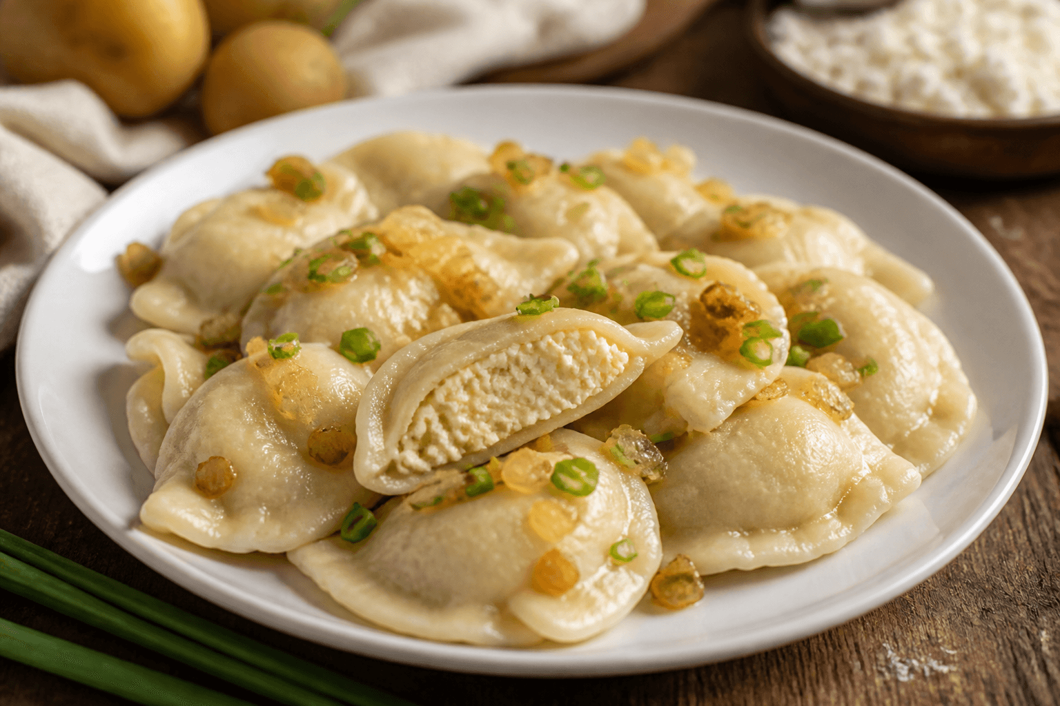Ugotowane pierogi ruskie z cebulką na maśle i śmietaną