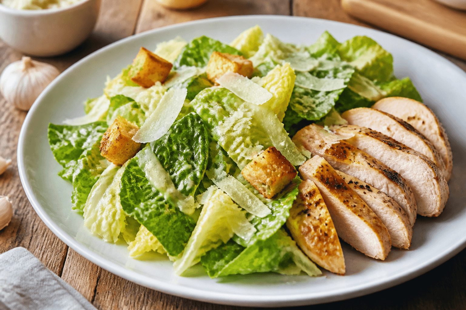 Sałatka Cezar z romaine, grzankami, parmezanem i medallionami kurczaka