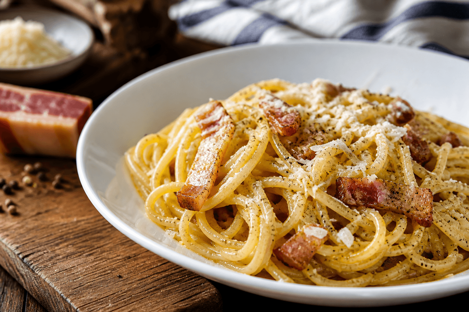 Spaghetti carbonara z żółtkowym sosem, boczkiem i świeżo mielonym pieprzem