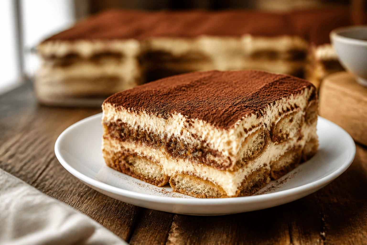 Tiramisu w naczyniu z warstwą kakao, biszkoptami savoiardi i kremem mascarpone
