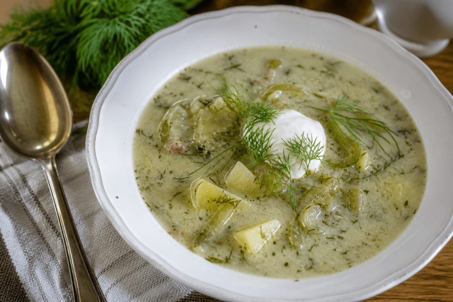 Zupa ogórkowa ze startymi kiszonymi ogórkami, ziemniakiem i koperkiem
